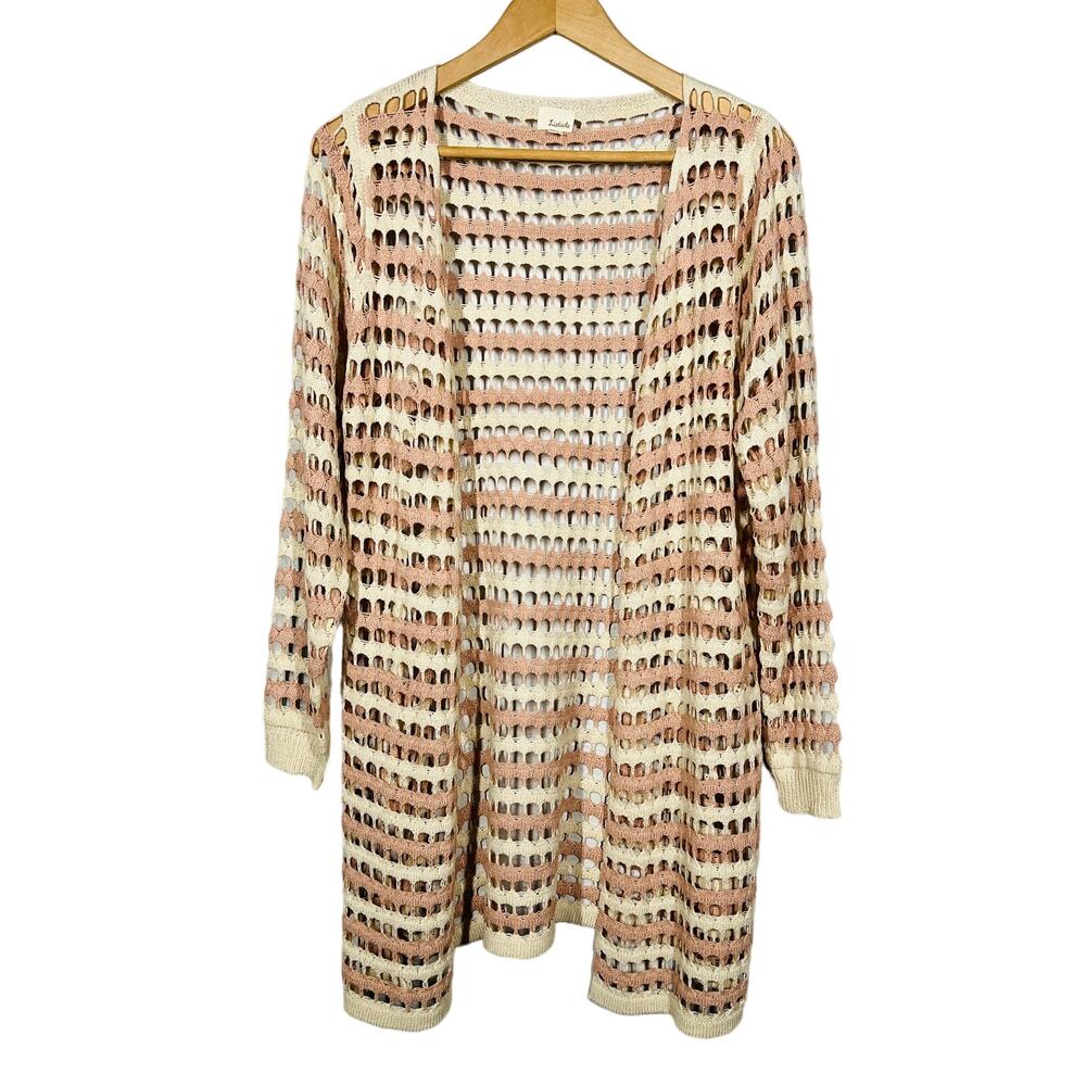 Listicle Open Knit Crochet Cardigan Pink Cream Stripe Long Sleeve Open Front - M